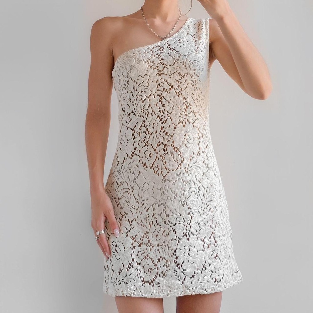 Urban Outfitters Crochet Knit Floral Lace One Shoulder Mini Dress Ivory Cream S